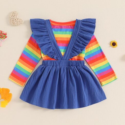Toddler Baby Girl Spring Outfit Long Sleeve Striped Rainbow Top + Layered Ruffled Suspender Skirt Dress Clothes Set in Saudi Arabia