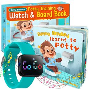 Potty Training Watch & Board Book for Kids – A Water Resistant Potty Reminder Device for Boys & Girls - Train Your Toddler with Fun Musical or Vibration Reminders and Printed Board Book (Blue)