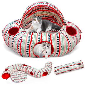 OUHOU Cat Tunnel Bed for Indoor Cats Large, Peekaboo Cat Cave with Awning, S-Shape Cat Tube with 4 Fluffy Toy Ball & 6 Peek Holes for Kitten, Bunny Rabbits, Small Animals Pets