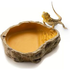 Freshinsects Reptile Water Dish,Resin Reptile Rock Food Feeder Bowl, Water and Food Bowl, Terrarium Decor for Leopard Gecko, Lizard,Spider, Turtle,Scorpion, Chameleon, Hermit Crabs (Small, Yellow)