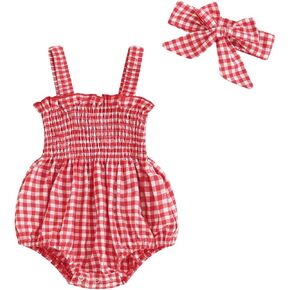 Infant Baby Girl Summer Outfit Clothes Newborn Romper Sleeveless Smocked Cotton Outfit with Headband