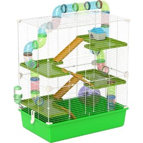 PawHut Extra Large 23" Hamster Cage with Tubes and Tunnels, Portable Carry Handles, Rat House and Habitats Big 5-Tier Design, Includes Exercise Wheel, Water Bottle, Food Dish, Light Blue
