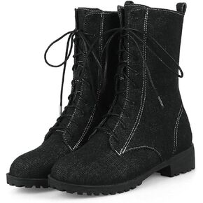 Optigard Women's Lace-up Denim Ankle Boots,Plush Round Toe Causal Non-slip Low Heel Mid-Calf Dress Boots