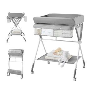 Baby Diaper Changing Table, Portable Diaper Changing Table with Wheels, Foldable Changing Table with 3-Level Adjustable Height, Portable Changing Table with Storage Oatmeal