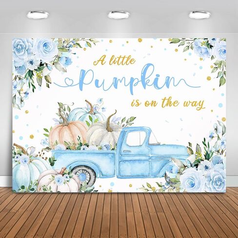 Mocsicka Pumpkin Baby Shower Backdrop A Little Pumpkin is On The Way Backdrop Blue Floral Truck Boys Baby Shower Autumn Party Decorations Photo Booth Props (Blue, 7x5ft) in Saudi Arabia