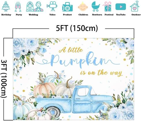 Mocsicka Pumpkin Baby Shower Backdrop A Little Pumpkin is On The Way Backdrop Blue Floral Truck Boys Baby Shower Autumn Party Decorations Photo Booth Props (Blue, 7x5ft) in Saudi Arabia