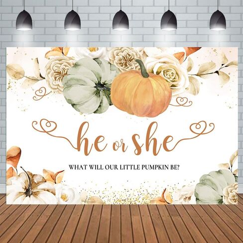 Aperturee 7x5ft Little Pumpkin Gender Reveal Backdrop Fall Green Yellow Pumpkin White Flowers Photography Background He or She Baby Shower Party Banner Autumn Cake Table Decorations Photo Booth Props in Kuwait