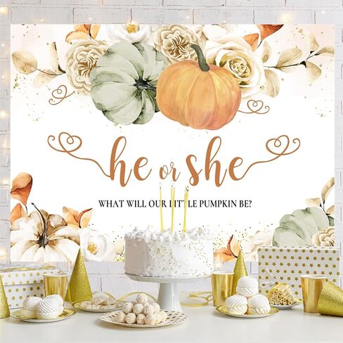 Aperturee 7x5ft Little Pumpkin Gender Reveal Backdrop Fall Green Yellow Pumpkin White Flowers Photography Background He or She Baby Shower Party Banner Autumn Cake Table Decorations Photo Booth Props in Kuwait