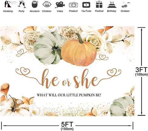 Aperturee 7x5ft Little Pumpkin Gender Reveal Backdrop Fall Green Yellow Pumpkin White Flowers Photography Background He or She Baby Shower Party Banner Autumn Cake Table Decorations Photo Booth Props in Kuwait