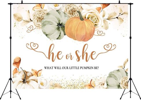 Aperturee 7x5ft Little Pumpkin Gender Reveal Backdrop Fall Green Yellow Pumpkin White Flowers Photography Background He or She Baby Shower Party Banner Autumn Cake Table Decorations Photo Booth Props in Kuwait