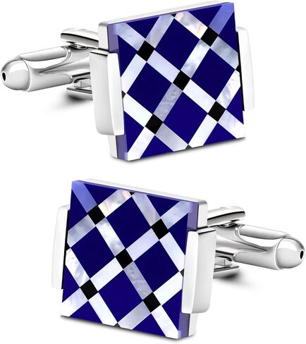 Mother of Pearl Cuff-links Onyx Stripe Tuxedo Cufflinks in a Gift Bag Wedding Gift For men (Blue and Silver) in Saudi Arabia