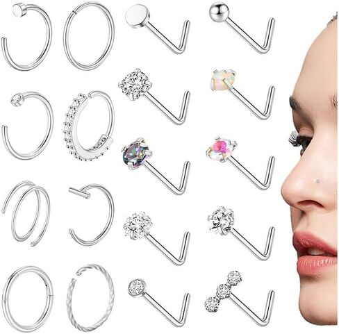18 قطعة 20 جرام حلقات الأنف للنساء 316L الفولاذ المقاوم للصدأ حلقات الأنف مجموعة هيبوالرجينيك 14K الذهب شغل حلقات الأنف الأطواق L على شكل الأنف ترصيع الذهب الفضة الأنف ثقب المجوهرات للنساء الرجال in Kuwait