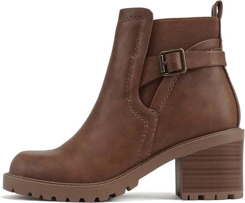 Soda “PUGGLE" ~ Women Round Toe Elastic Gore Belted Strap Lug Sole Low Heel Ankle Boot with Side Zipper in Saudi Arabia