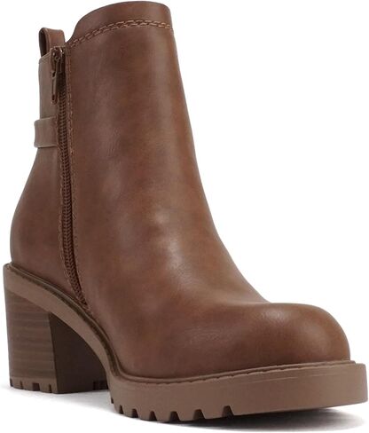 Soda “PUGGLE" ~ Women Round Toe Elastic Gore Belted Strap Lug Sole Low Heel Ankle Boot with Side Zipper in Saudi Arabia