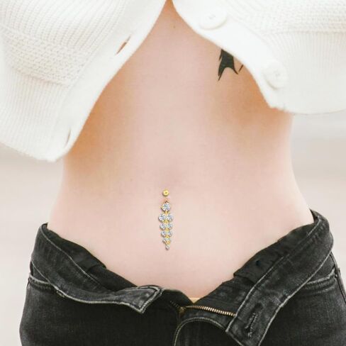 golden multi-frill compostition personality luxury patterns golden tassel style 14g belly button rings steel long dangle navel ring body piercing jewelry women men stainless steel fake surgical hoop BY-006 in Saudi Arabia