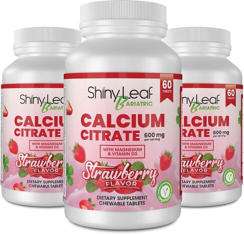 Shiny Leaf Bariatric Calcium Citrate 600 mg Supplement for Bariatric Surgery Patients, 60 Ct Chewable Tablets with Magnesium, Vitamin D3, Natural Strawberry Flavor, Vegetarian (1 Month) in Saudi Arabia