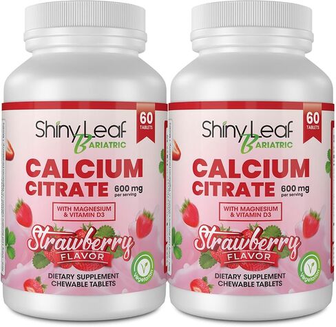 Shiny Leaf Bariatric Calcium Citrate 600 mg Supplement for Bariatric Surgery Patients, 60 Ct Chewable Tablets with Magnesium, Vitamin D3, Natural Strawberry Flavor, Vegetarian (1 Month) in Saudi Arabia