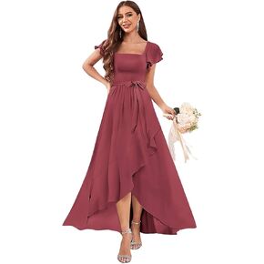 Square Neck Chiffon Bridesmaid Dresses with Slit High Low Long Formal Evening Gown