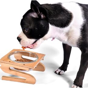 Stylish Pet Bowl with Bamboo Stand - Elevated Food Bowl for Cat and Dogs - Raised Feeding Bowl Feeder Dish with Wooden Stand Holder - Brown and Crystal Clear Raised Pet Bowl for Small Pets