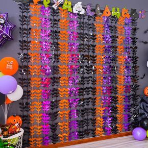 LOLStar Halloween Party Decoration, 4 Pack Black Orange and Purple Bat Photo Booth Props, 3.3 x 6.6 ft Halloween Foil Fringe Curtains, Halloween Photo Backdrop Streamers for Halloween Party Supplies