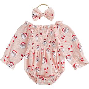 SAYOO Baby Girl Halloween Romper Cotton Linen Pumpkin Smocked Bubble Romper Bodysuit Headband Off Shoulder Jumpsuit Outfit