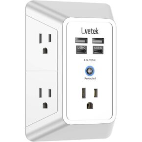 شاحن حائط USB، LVETEK Surge Protector 5 موسع المنافذ مع 4 منافذ USB (منفذ USB C واحد) 3 جوانب شريط طاقة 1680J، محول حائط متعدد المنافذ متباعدة للمنزل والسفر والمكتب والمدرج في قائمة ETL in Kuwait