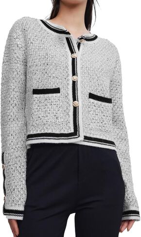 Women's Casual Cardigans Open Front Contrast Trim Short Button Long Sleeved Cropped Sweater Outwear in Kuwait