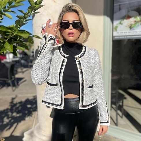 Women's Casual Cardigans Open Front Contrast Trim Short Button Long Sleeved Cropped Sweater Outwear in Kuwait