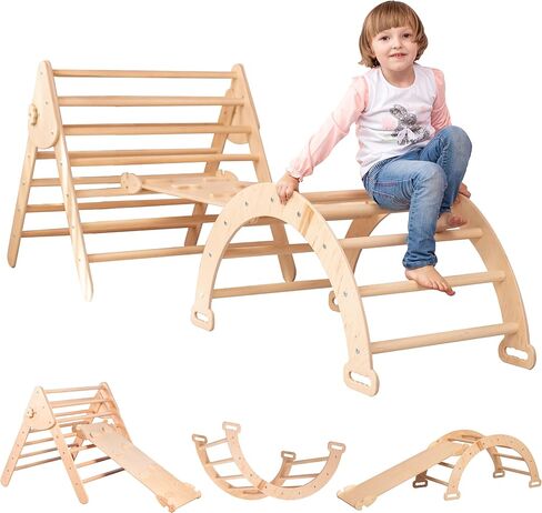 WoodandHearts Set of three items Wooden toys Climbing triangle Montessori Wooden toys Triangle with ramp Activity gym Climbing triangle set (Standard size) in Kuwait