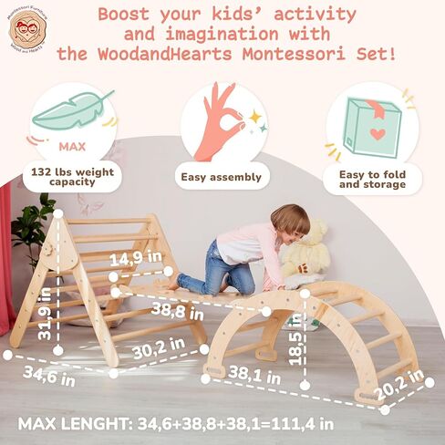 WoodandHearts Set of three items Wooden toys Climbing triangle Montessori Wooden toys Triangle with ramp Activity gym Climbing triangle set (Standard size) in Kuwait