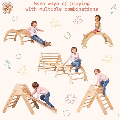 WoodandHearts Set of three items Wooden toys Climbing triangle Montessori Wooden toys Triangle with ramp Activity gym Climbing triangle set (Standard size) in Kuwait