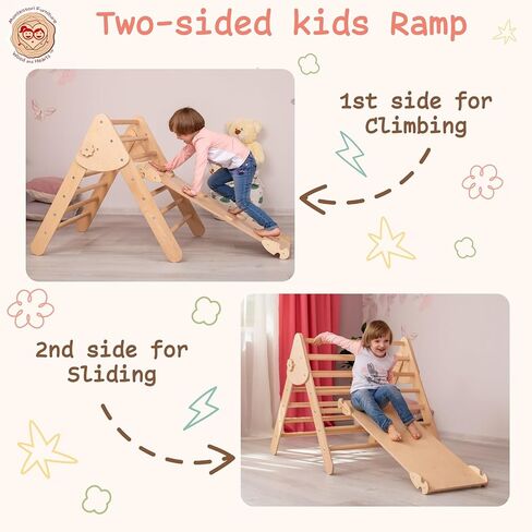WoodandHearts Set of three items Wooden toys Climbing triangle Montessori Wooden toys Triangle with ramp Activity gym Climbing triangle set (Standard size) in Kuwait
