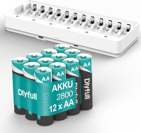 Dlyfull 12 Bay AA AAA Battery Charger, USB and Type-C Selectable High-Speeding Charging for Ni-MH Ni-CD Rechargeable Batterie8s, USB Cable Included in Kuwait
