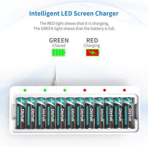 Dlyfull 12 Bay AA AAA Battery Charger, USB and Type-C Selectable High-Speeding Charging for Ni-MH Ni-CD Rechargeable Batterie8s, USB Cable Included in Kuwait