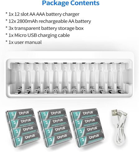 Dlyfull 12 Bay AA AAA Battery Charger, USB and Type-C Selectable High-Speeding Charging for Ni-MH Ni-CD Rechargeable Batterie8s, USB Cable Included in Kuwait