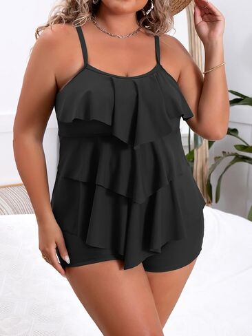 B2prity النساء حجم كبير Tankini المايوه البطن التحكم قطعتين ثوب السباحة تكدرت انتفض ملابس السباحة مع السراويل القصيرة in Kuwait