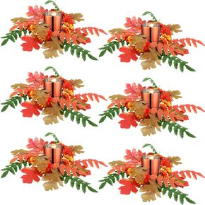 Umigy Set of 12 Fall Votive Candle Holders with Thanksgiving Candle Rings Autumn Candle Rings Wreaths 6 Glass Votive Tealight Holders with 6 Wreath Ring for Table Decoration(Maple Leaf,Orange)