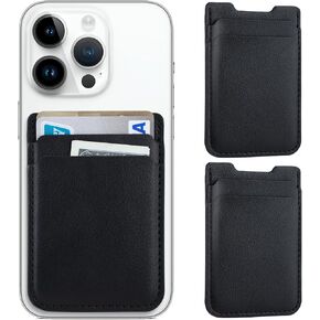 Phone Wallet Stick on,2Pack Phone Card Holder for Back of Phone Case, Leather Credit Card Holder for Cell Phone Sticky Wallet Double Pocket Sticker for iPhone, Android, Samsung-Black