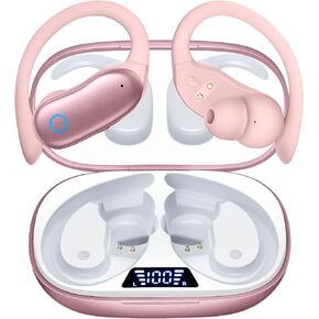 GNMN Ear Buds Wireless Earbuds 96hrs Playback Bluetooth Headphones IPX7 Waterproof Stereo Bass Over-Ear Earphones with Earhooks Microphone LED Battery Display for Sports/Workout/Gym/Running Black