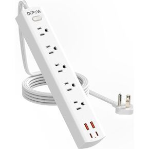 DEPOW 2 Pack Surge Protector Power Strip، 1700 Joules، 1875W/15A مع سلك تمديد رفيع للغاية 10 قدم و6 قدم، 5 منافذ متباعدة على نطاق واسع مع 4 منافذ USB (2USB-C)، قابس مسطح للمكتب المنزلي، أسود