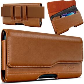 DeBin Holster for iPhone 14, 14 Pro, 13, 13 Pro, 12, 12 Pro, 11, 11 Pro, Xs, X, Xr Cell Phone Belt Holder Case with Belt Clip Leather Pouch Cover Built in ID Credit Card Slot (Fits Phone with Case)