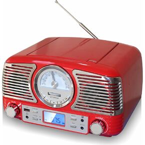 TechPlay QT62BT RED, Retro Design Compact Stereo CD, with AM/FM Rotary knob, Wireless Bluetooth Reception and USB Port. with AUX in and Headphone Jack