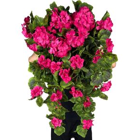 Pack of 2 - Artificial Geraniums Hanging Bundles Full Blooms Silk Flower Plants Geranium Vines for Home Garden Wedding Indoor Outdoor Decor (Red Hanging - 2 Pack)