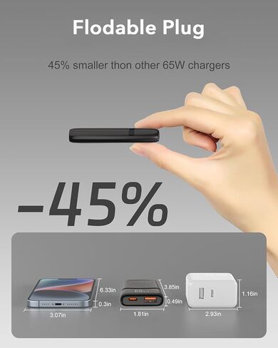 شاحن USB c بقدرة 65 وات، شاحن حائط USB نحيف مع منافذ USB-C وUSB-A، شاحن سريع قابل للطي مع GaN PD3.0&PPS، لجهاز MacBook Pro/Air iPad Pro، iPhone 16/Pro، Galaxy S23/Note 20، Pixel و المزيد (أبيض) in Kuwait