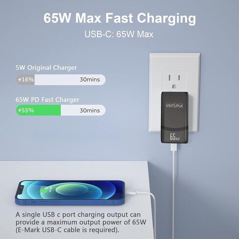 شاحن USB c بقدرة 65 وات، شاحن حائط USB نحيف مع منافذ USB-C وUSB-A، شاحن سريع قابل للطي مع GaN PD3.0&PPS، لجهاز MacBook Pro/Air iPad Pro، iPhone 16/Pro، Galaxy S23/Note 20، Pixel و المزيد (أبيض) in Kuwait