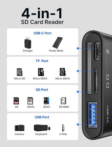 SD Card Reader with USB 3.0 Port & Charging Port | JSAUX 4-in-1 USB C to Micro SD Memory Card Reader | Support SD, Micro SD, SDXC, SDHC, MMC Compatible with iPad Pro, MacBook Pro/Air, Galaxy S8 to S23 in Kuwait