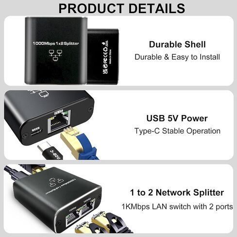 Gigabit Ethernet Splitter High Speed, 1000Mbps Either Ethernet Splitter 1 to 3-3 Devices Simultaneous Networking, Internet Splitter Adapter with USB Power Cable,RJ45 Splitter for Cat 5/6/7/8/5e Cable in Saudi Arabia