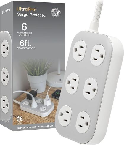 GE Surge Protector, 7 Outlet, 2 USB-A, 2.4A, 1470J, Braided Cord, Power Strip 4ft, White/Gray, 81780 in Saudi Arabia