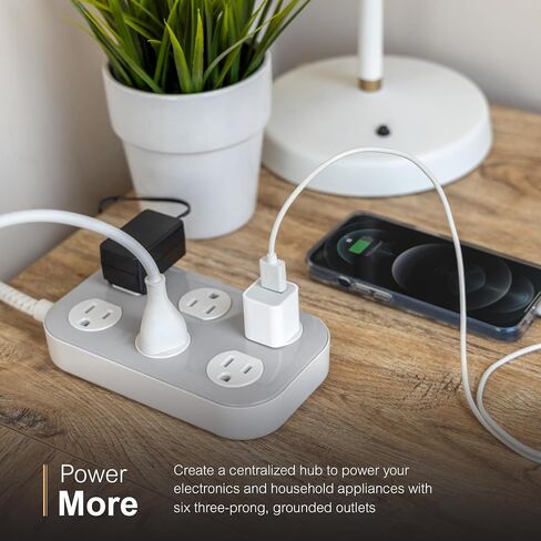 GE Surge Protector, 7 Outlet, 2 USB-A, 2.4A, 1470J, Braided Cord, Power Strip 4ft, White/Gray, 81780 in Saudi Arabia