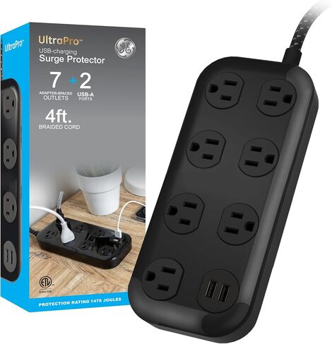 GE Surge Protector, 7 Outlet, 2 USB-A, 2.4A, 1470J, Braided Cord, Power Strip 4ft, White/Gray, 81780 in Saudi Arabia